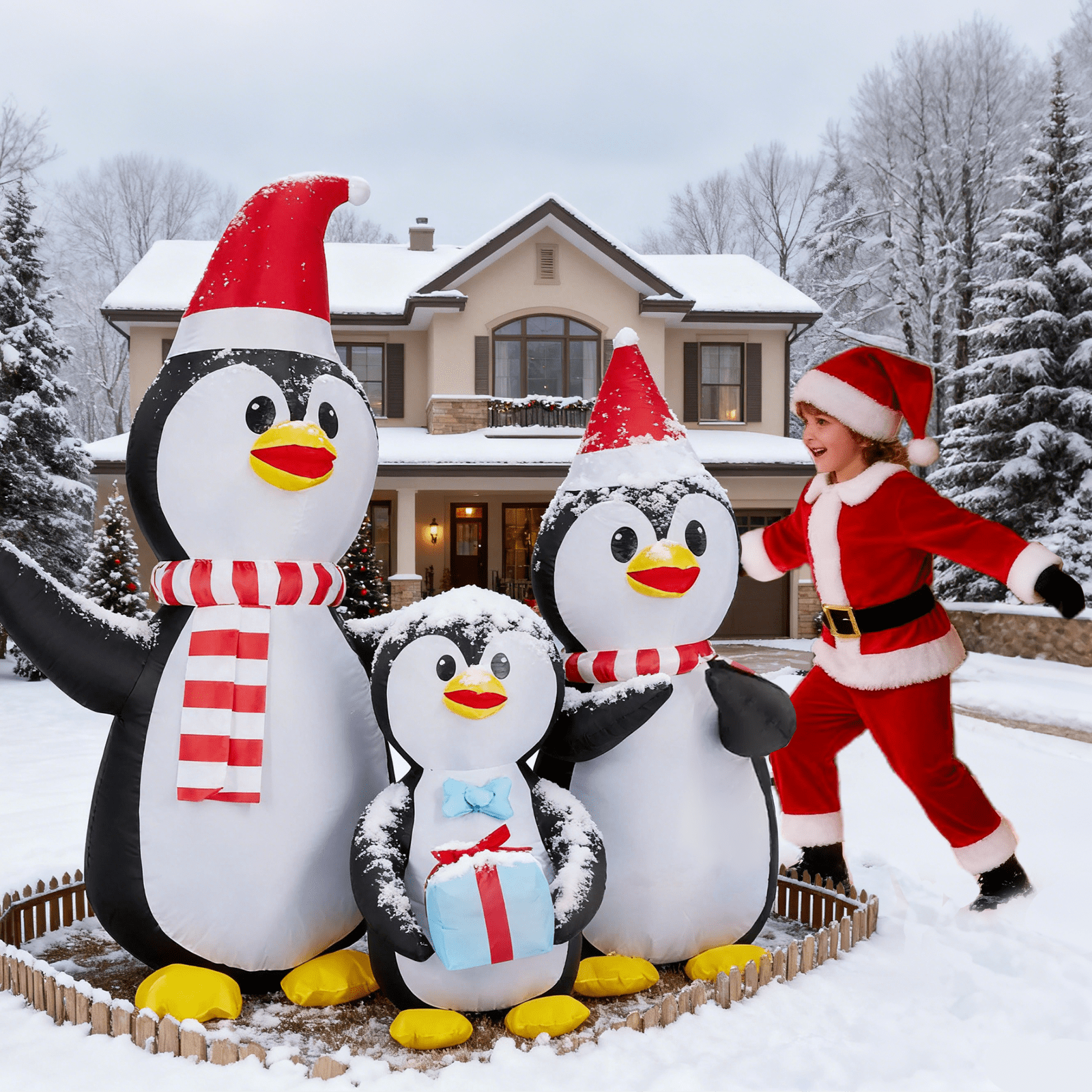 Astoutdoor 6 ft Lighted Christmas Inflatable Decoration, Penguin Family Blow Up Yard Decor with Built-in LED Lights