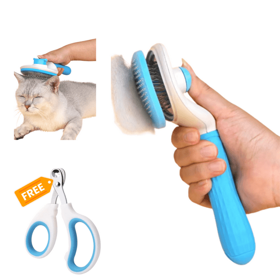 Professional Cat Grooming Kit: Self-Cleaning Slicker Brush with Release Button & Safe Nail Clipper, 2-in-1 Deshedding and Trimming Set for Cats, Gentle on Hair and Paws
