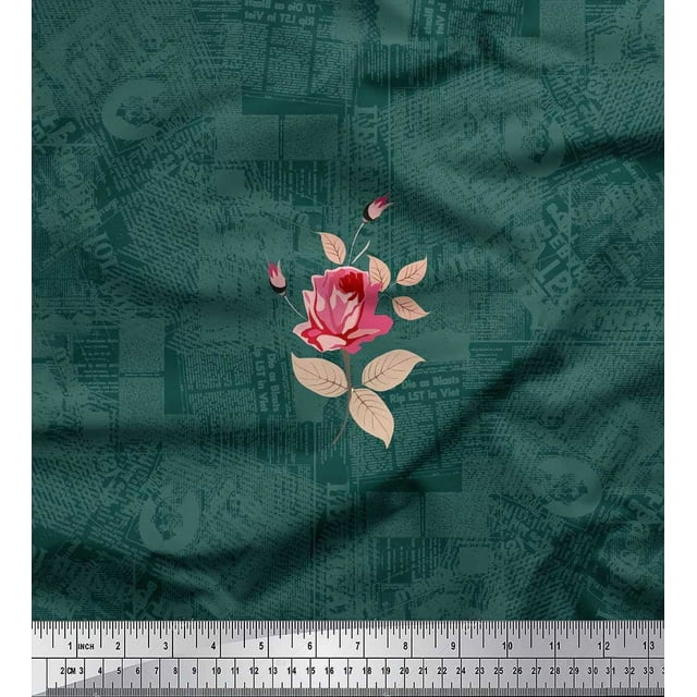 Soimoi Georgette Viscose Fabric Texture,Leaves & Rose Flower Decor Fabric Printed Yard 42 Inch Wide