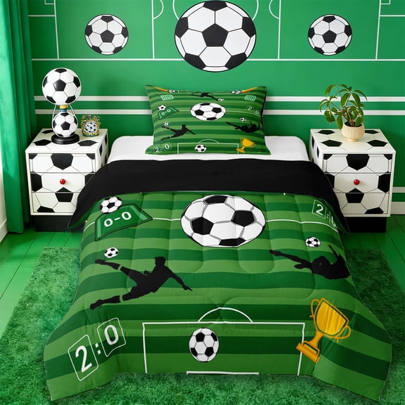 Erosebridal Football Sport Gamer Twin Comforter Sets,Soccer Ball Games Kids Bedding Set,Reversible Black 2 Pieces