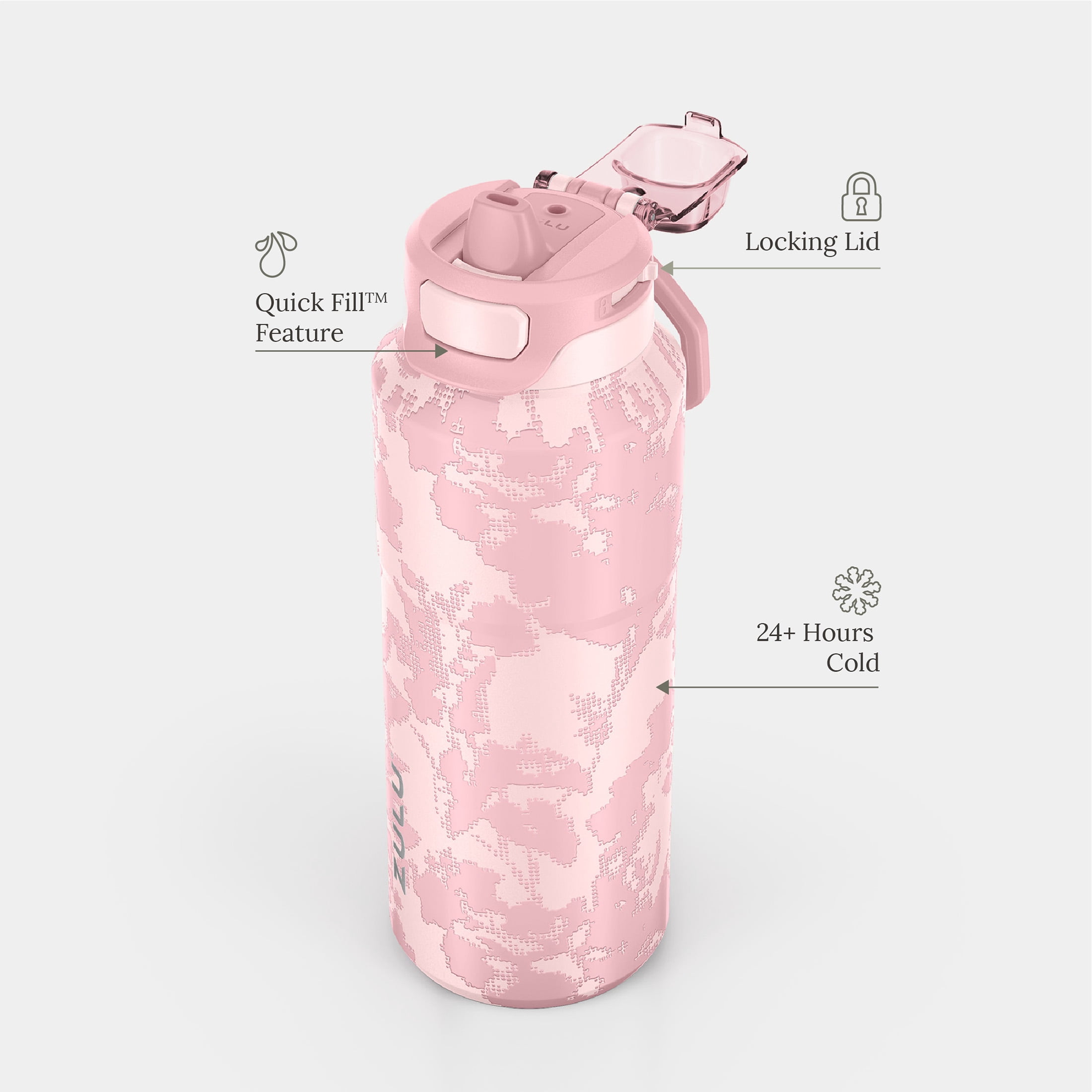 Zulu Powerfill 32oz Stainless Steel Water Bottle, Pink