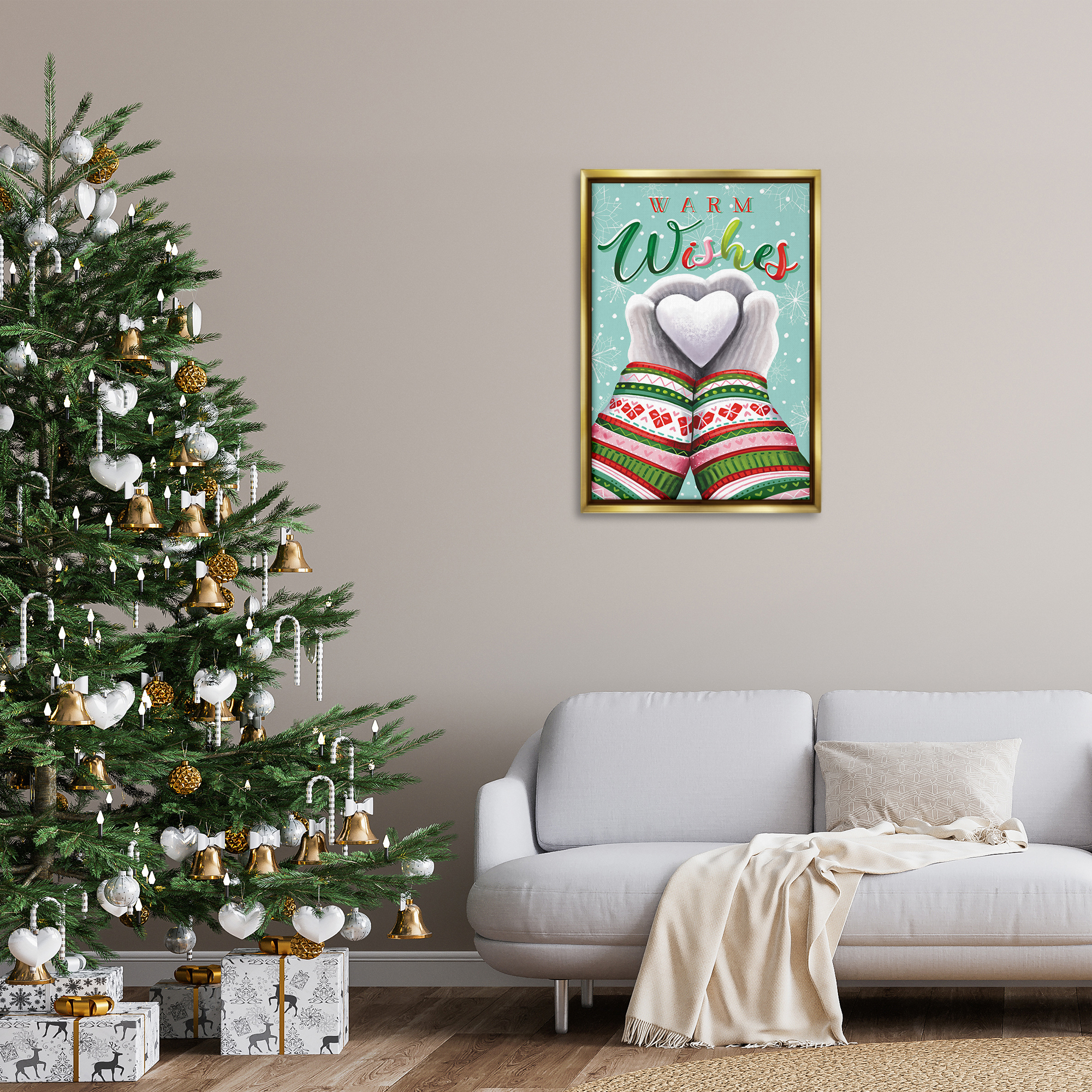 Stupell Industries Warm Wishes with Heart Holiday Painting Gold Floater Framed Art Print Wall Art, 21 x 31