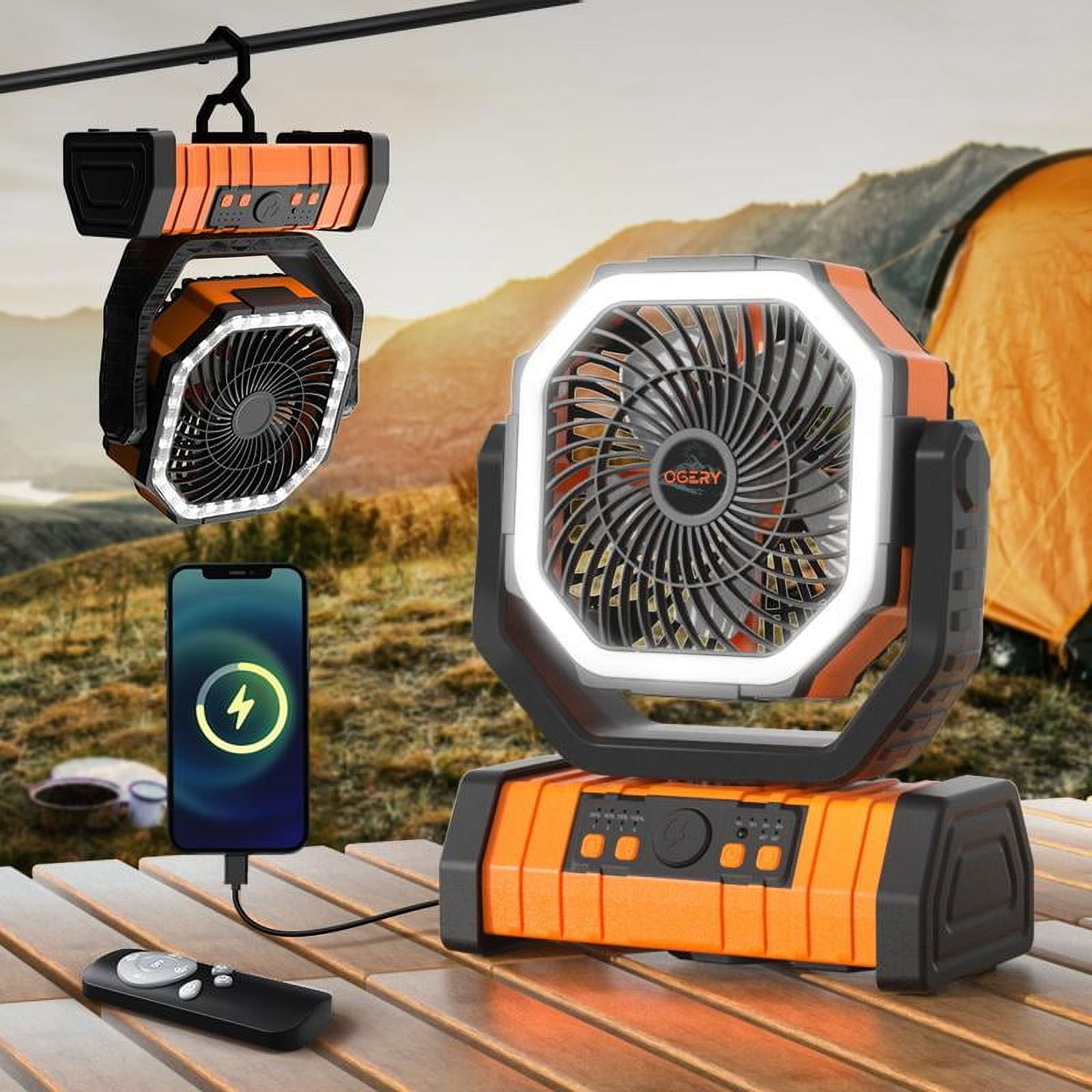 20000mAh Rechargeable Camping Fan with LED Light, Portable Multi-functional Fan with 360° Rotating Hook, Oscillating Emergency Camping Fan
