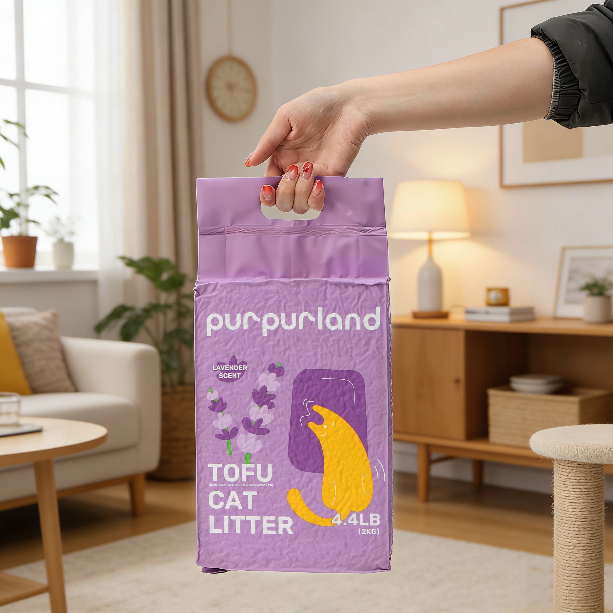 PURPURLAND Tofu Cat Litter, 8.8/17.6 LB(2/4 Packs) Fast Lavender Clumping & Superior Odor Control, Natural Corn Scent, Dustfree, Flushable, Low Tracking