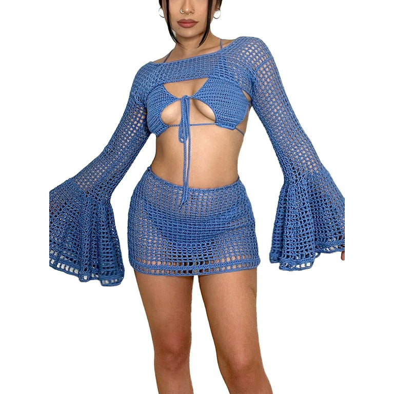 Coduop Women Crochet Skirt Sets 3 Piece Outfit Knit Cover Up Crop Top Mini  Skirt Set,Three Piece