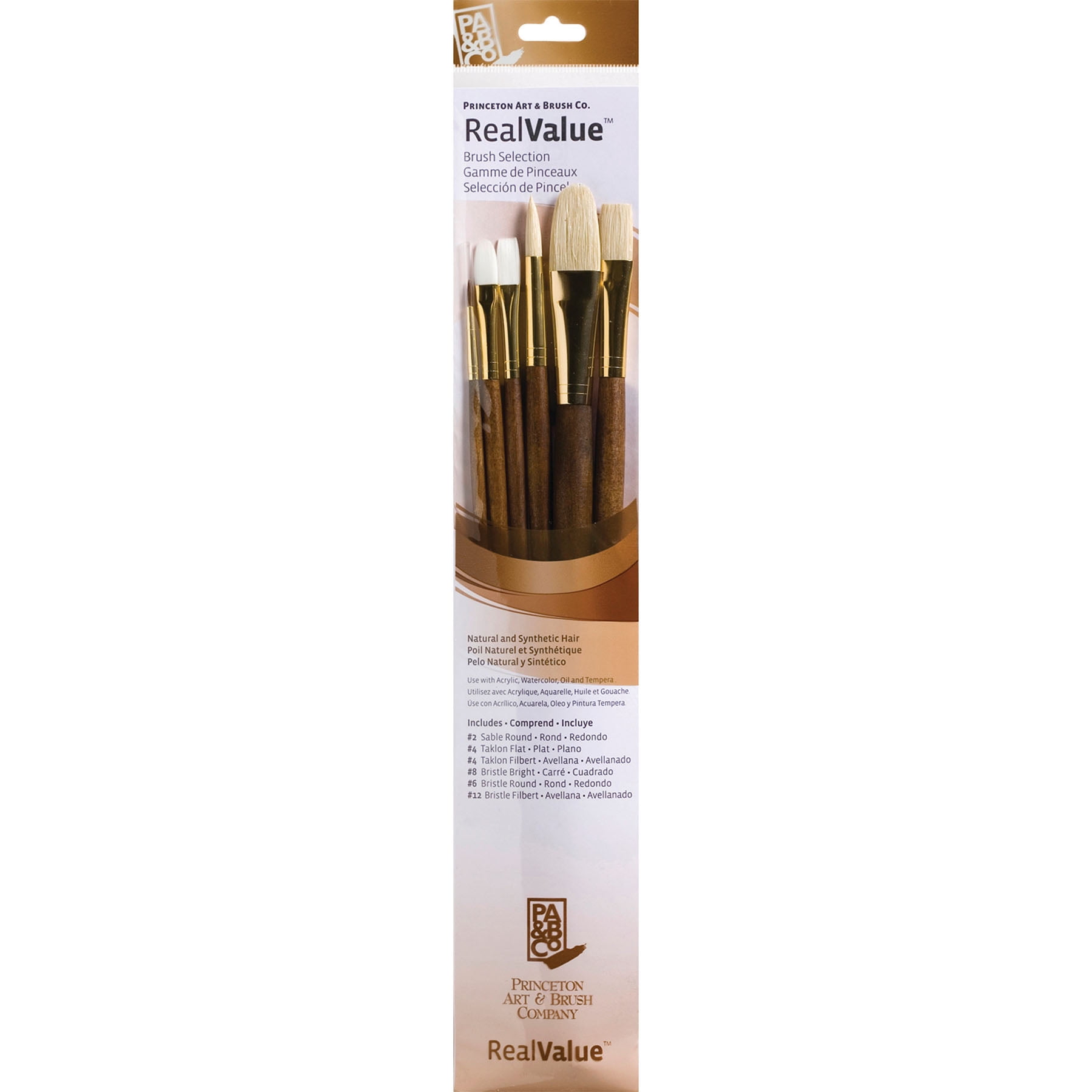 Princeton RealValue Brush Set, Natural Bristles, Long Handle Mixed Media Paintbrush, Brown, 6 Per Set, 2 Sets