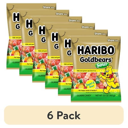 (6 pack) HARIBO Sour Goldbears Gummies Assorted Fruit Flavor Sour Gummy Candy, 3.6oz, Share Size Peg Bag