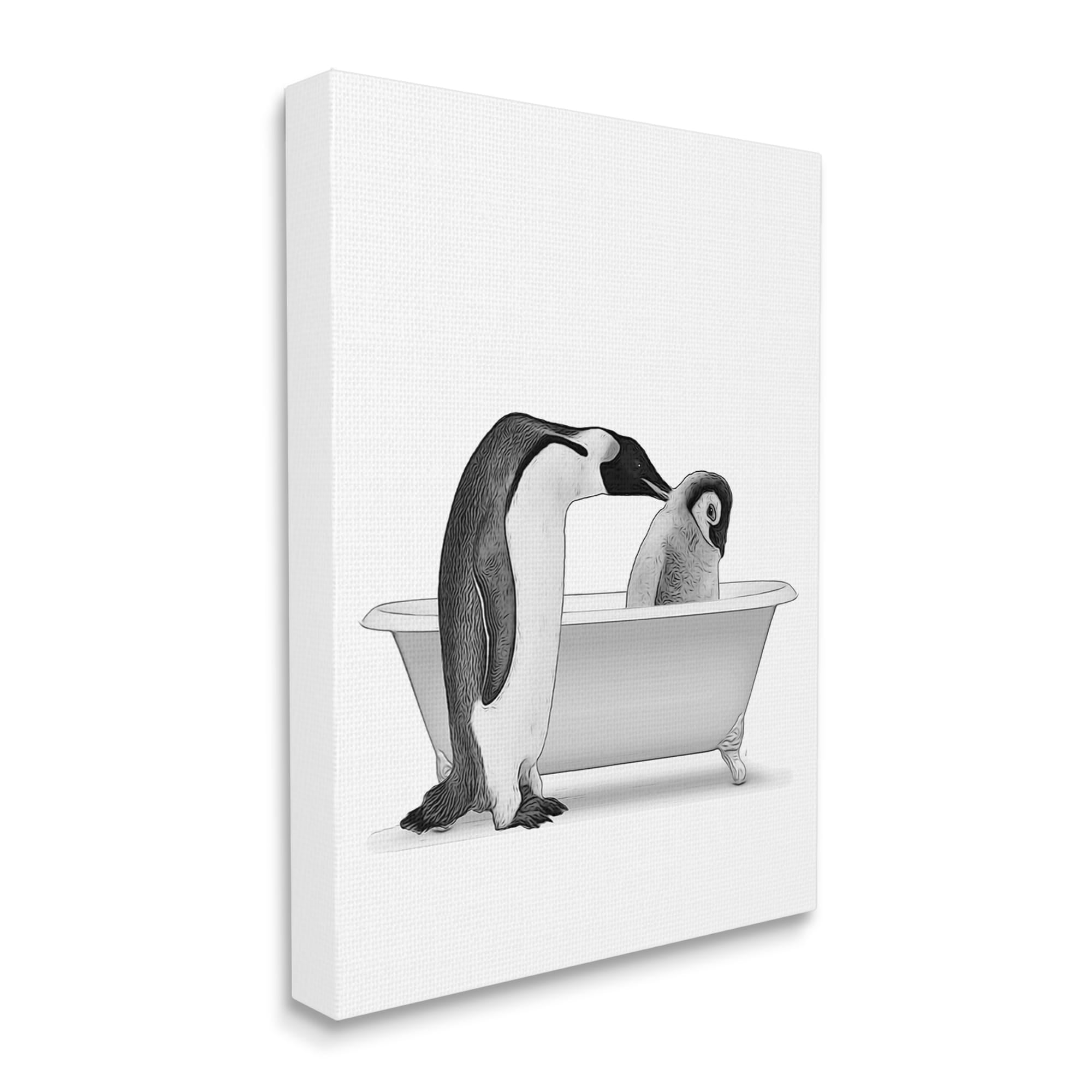 Stupell Industries Penguin & Chick Bathroom Tub Animals & Insects Painting Gallery Wrapped Canvas Print Wall Art