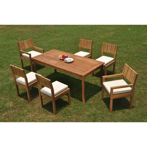Grade-A Teak Dining Set: 6 Seater 7 Pc: 71" Rectangle Table And 6 Veranda Chairs (2 Arm & 4 Armless Chairs) Outdoor Patio WholesaleTeak #WMVRw