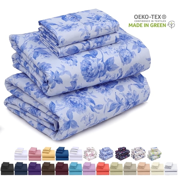 Ruvanti Queen Sheets Set - Luxurious Silky Soft Microfiber Bedding - Cozy & Comfy - 15 inch Deep Pocket (Fits up to 17") Hotel Bed Sheets - 4 Pcs - Blue Floral