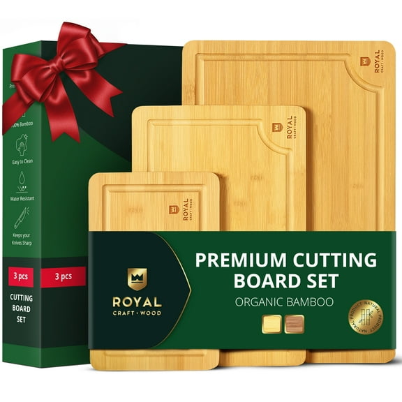 Royal Craft Wood Cutting Board Set For Kitchen, Wooden Cutting Boards With Handles, Multifunctional & Sustainable Bamboo Cutting Boards With Deep Juice Grooves
