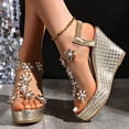 thumbnail image 2 of Rokment Glitter Flower Rhinestones Platform Wedges Dress Sandals for Women Bride Wedding 2026 Summer Delicate Clear Band Chunky High Heels Slingback Dressy Sandals Gold Size 6, 2 of 5