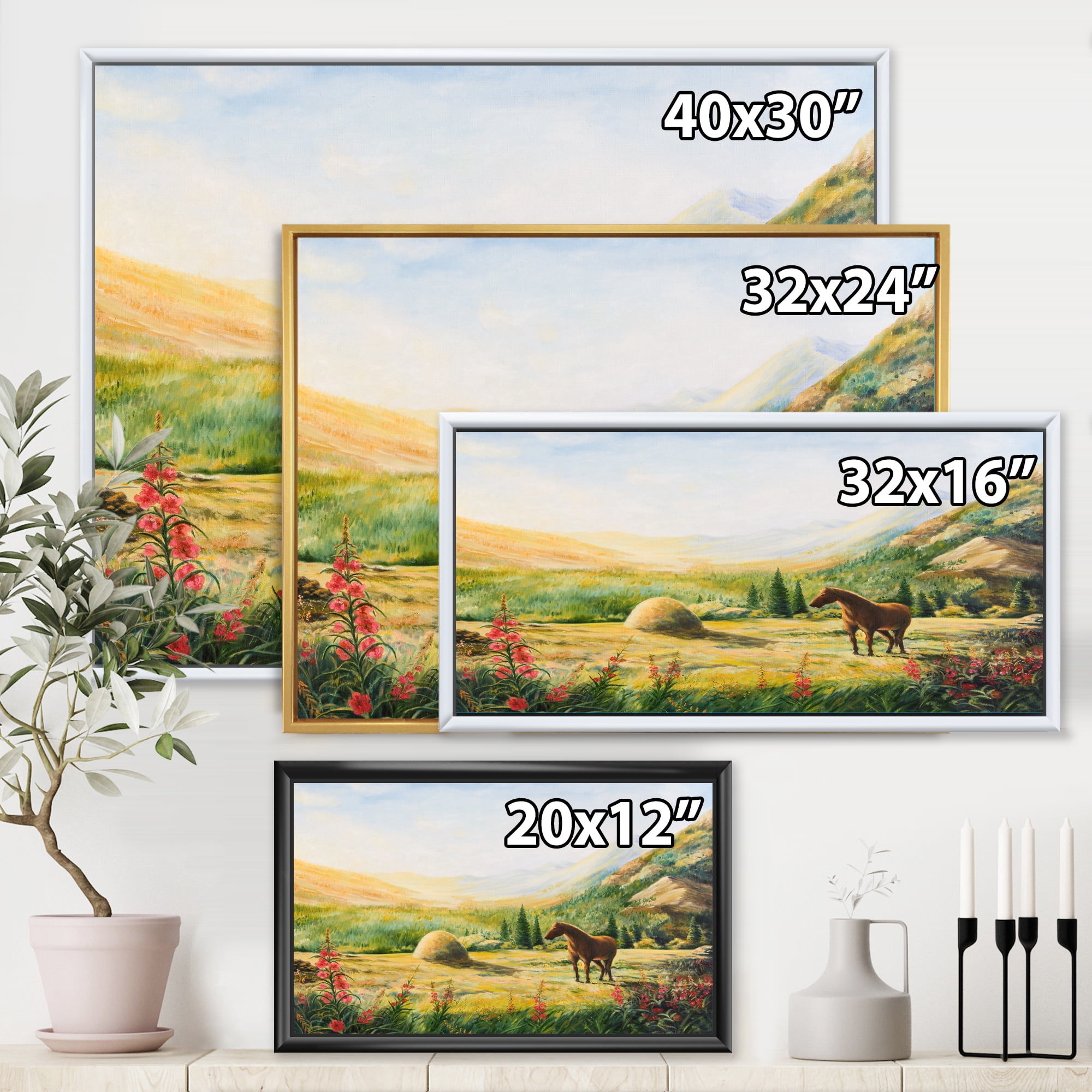 Designart 'Sunrise In The Mountains With Horse' Farmhouse Framed Canvas Wall Art Print