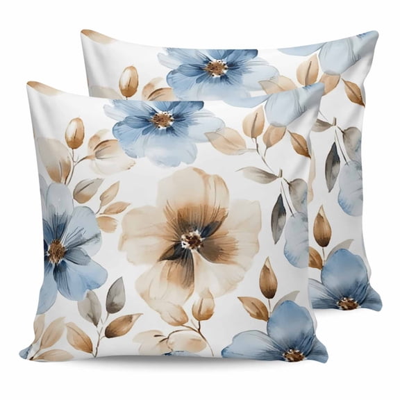 18x18 Pillow Covers Set of 2, Blue Brown Spring Floral Throw Pillow Covers Decorative Couch Cushion Case, Summer Botanical Watercolor Microfiber Square Pillowcases for Bedroom Car Living Room