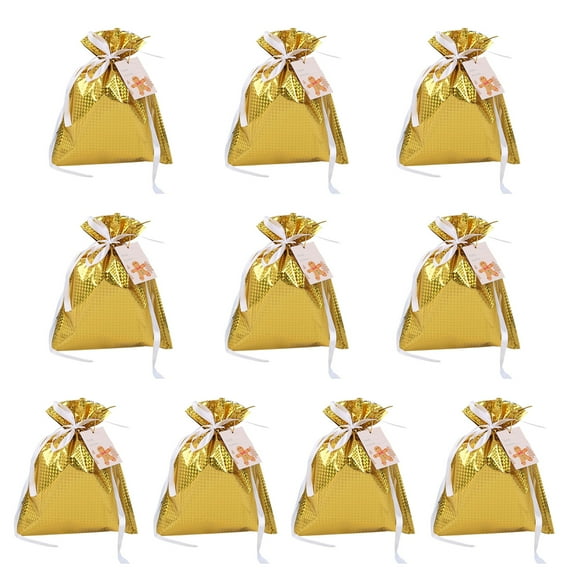 Shoreew 10 Pcs Christmas Drawstring Gift Bags Holiday Foil Gift Bags Reusable Xmas Gift Wrapping Bags for Gifts Presents Xmas Party Favors
