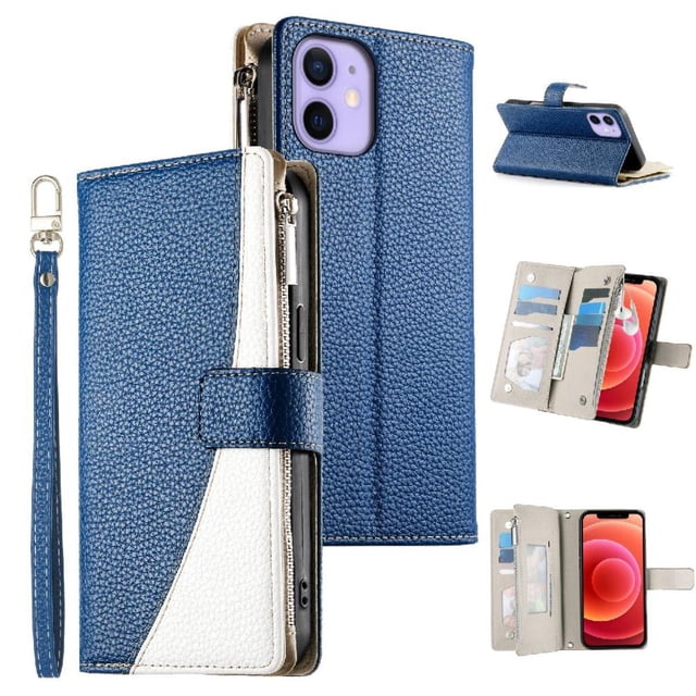 Funda cartera GANGXUN para iPhone 12 Mini , cuero PU con tarjetero, cremallera, correa de mano, soporte y protección 580°