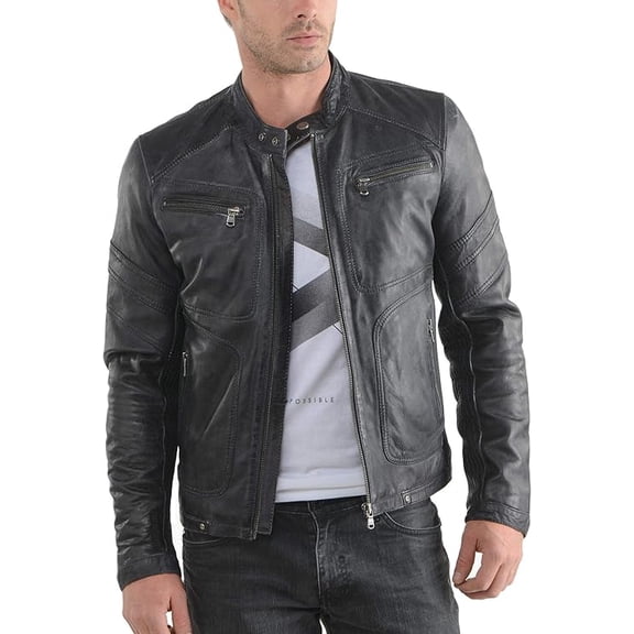 Mens Leather Jacket Slim Fit Biker Motorcycle Black Genuine Lambskin Jacket Coat A932