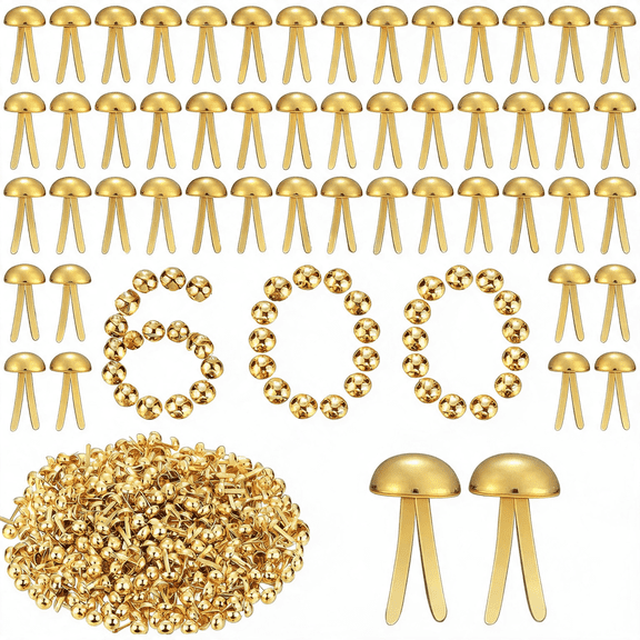 Gold Mini Brads Paper Fasteners 600 Pcs 8x17.5mm Round Head Brass Split Pins for DIY Craft Scrapbooking Office, Metal