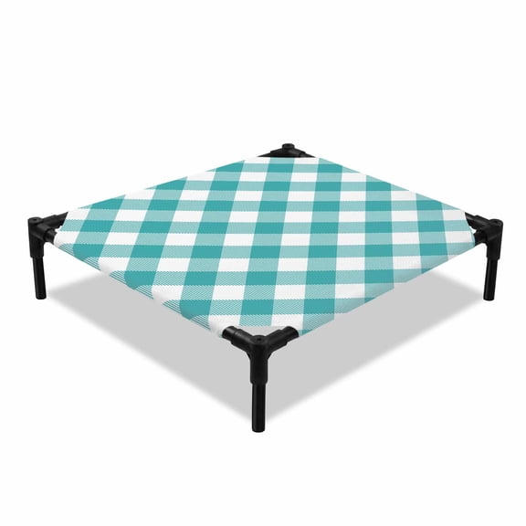 Pastoral Style Elevated Dog Bed, Teal Green Lattice Cooling Breathable Outdoor Raised Dog Cot Bed with Metal Frame Non-Slip Feet for Small Dog 20x20in