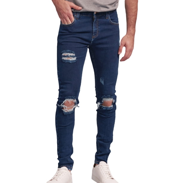 Jeans de mezclilla Stretch MCHK 8010. Diseño con desgaste en las piernas, Color azul. Para hombre MCHK Stretch Fit