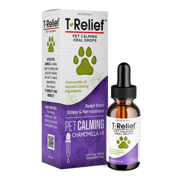 MediNatura T-Relief Pet Calming Drops Natural Comfort Remedy & Nervousness Relief with Chamomile   9 Homeopathic Stress Relieving Active Ingredients - Relaxing Herbal Blend for Dog & Cat - 1.69 oz