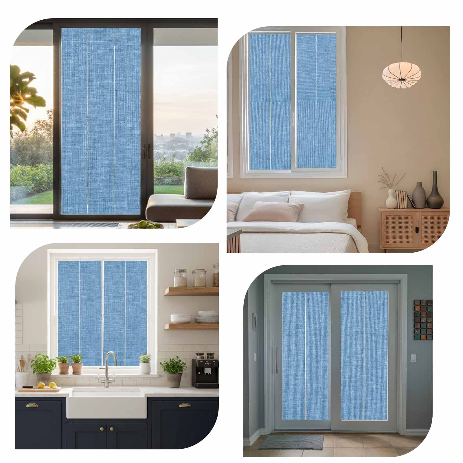 Reusable Static Cling Window Tints, Blue Window Privacy Film Frosted, Farmhouse Burlap Solid Blue Color Modern Linen Texture Heat Control Windows Films for Offices, Balcony, 29.5 x 118 Inches