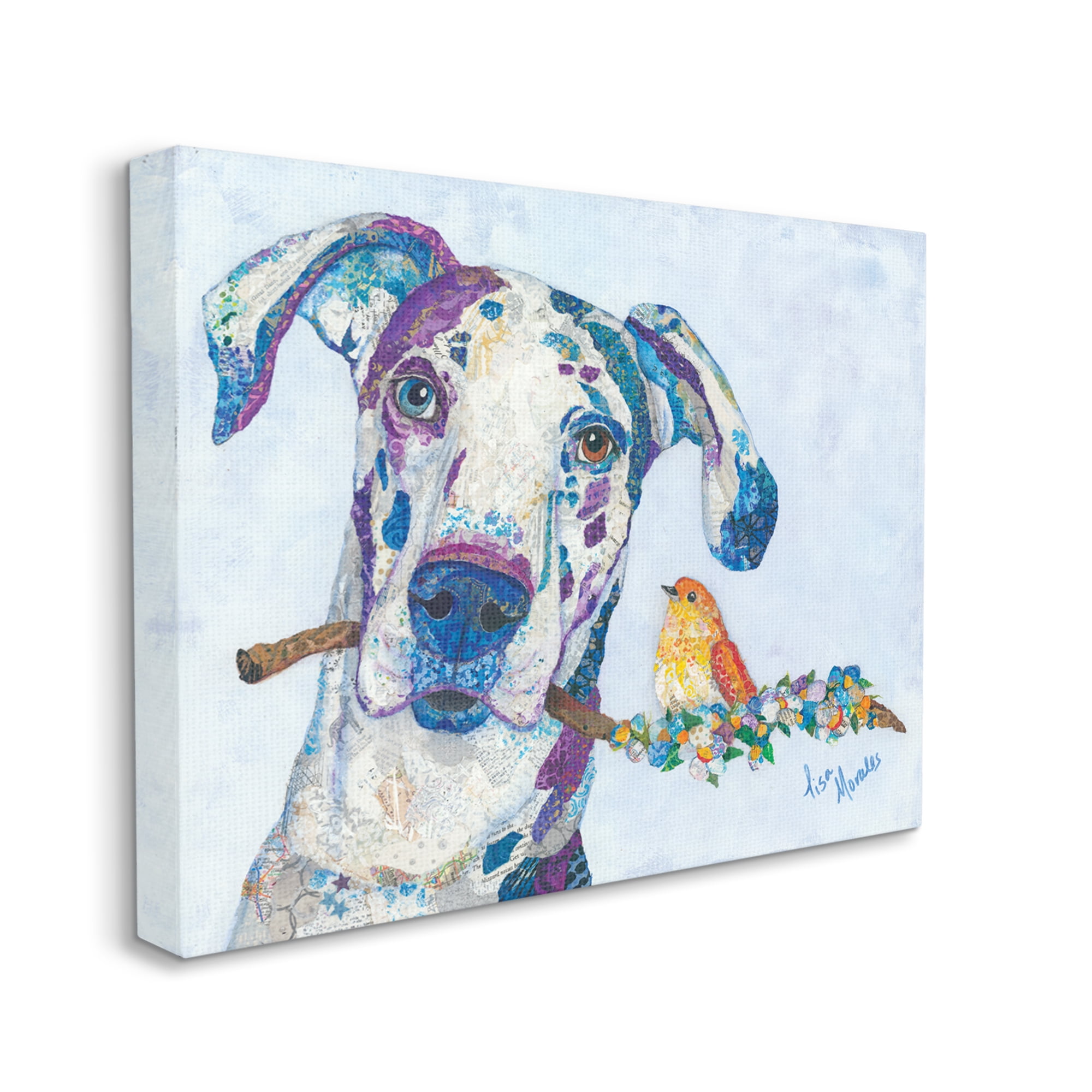 Stupell Industries Dane & Songbird Perched Branch Floral Dog Collage Painting Gallery Wrapped Canvas Print Wall Art, Design by Lisa Morales