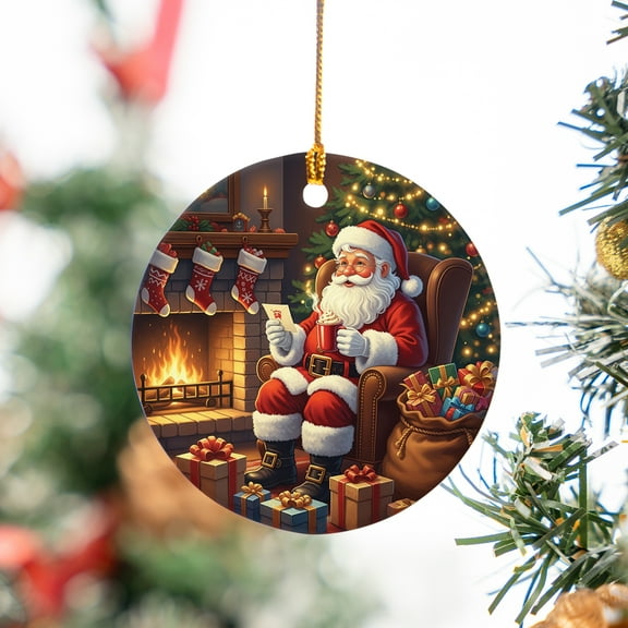 ViciArt Santa Christmas Ornament, Ceramic, 3" Round, Holiday Decor, Fireplace Scene, Xmas Tree Decoration