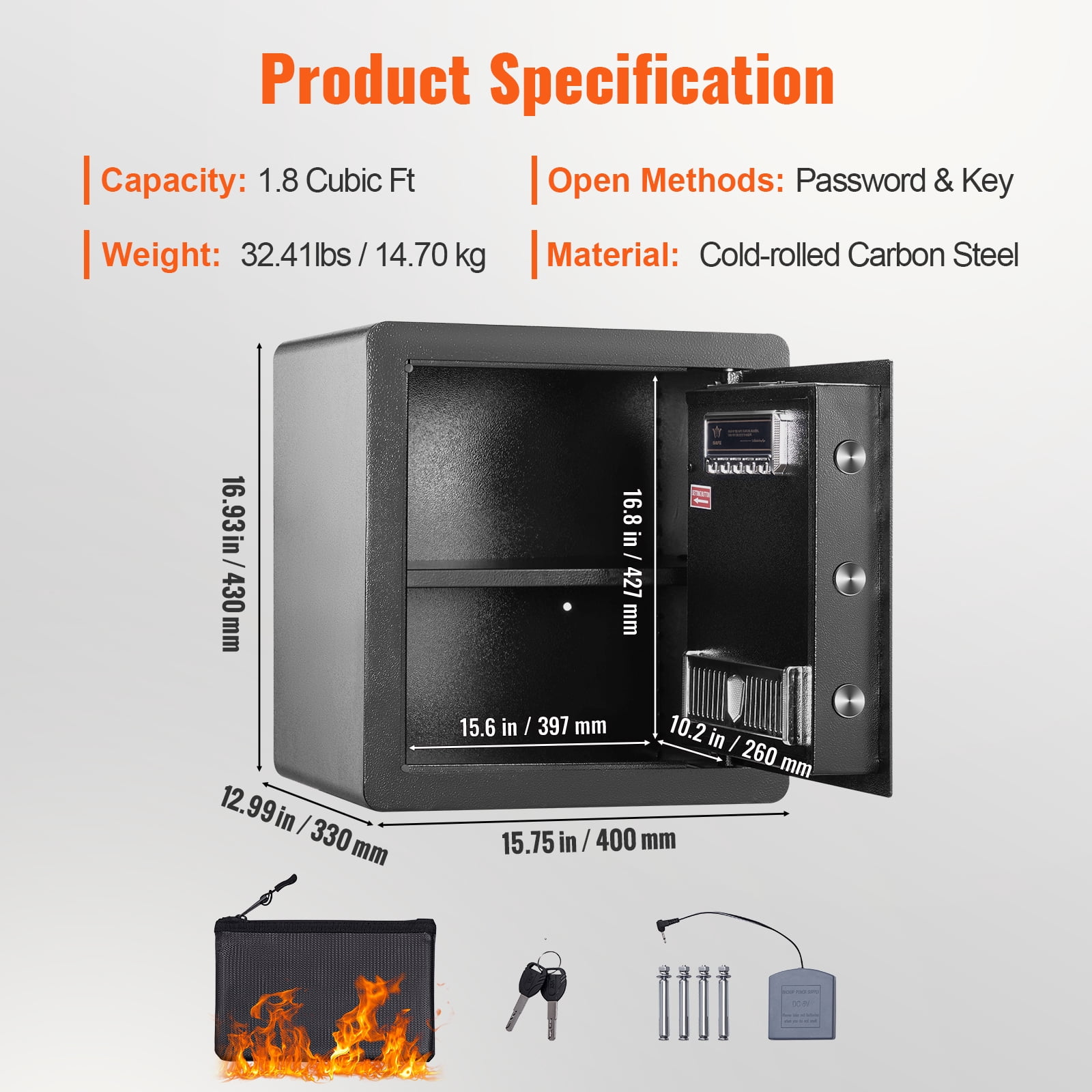 KFFKFF Safety Box, 1.8 Cubic Feet Residential Safe, Iron Security Safe with Numeric Keypad and Pair of Keys, Cupboard Safe with Fire-resistant Pouch, Safeguard Money, Precious Metals, Jewelry.