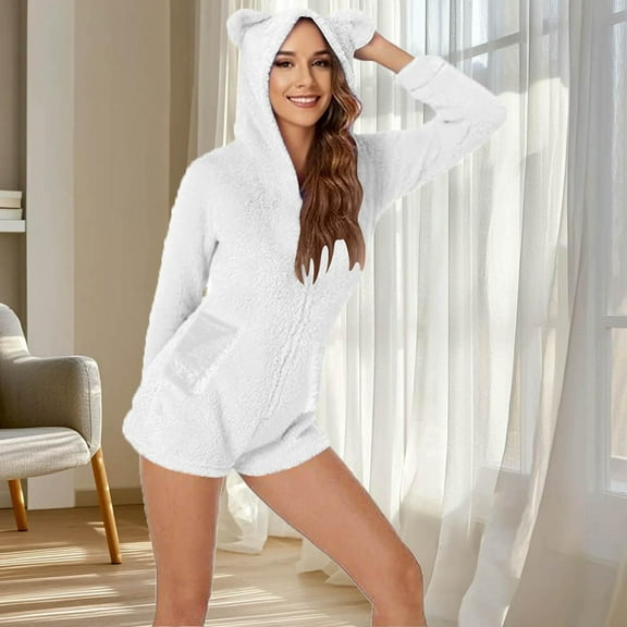 Jsaierl Onesies Pajamas Sherpa Fleece Plush Shorts Jumpsuit Womens Hooded Fuzzy Romper Zipper Bear Sleepwear Playsuit Christmas Pajamas