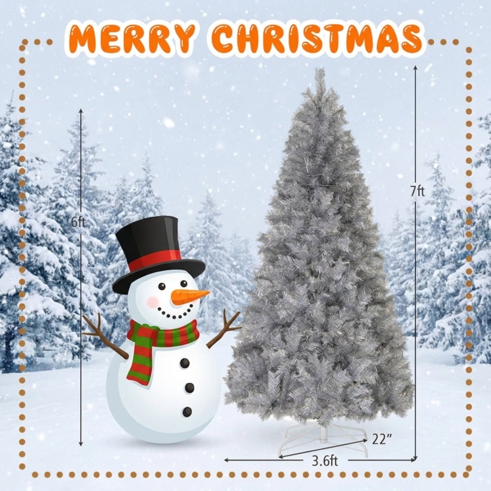 RUIE 7 ft Silver Christmas Tree, Tall Pre-Lit Artificial Tinsel Xmas Tree with 400 LED Lights and 807 Branch Tips for Living Room