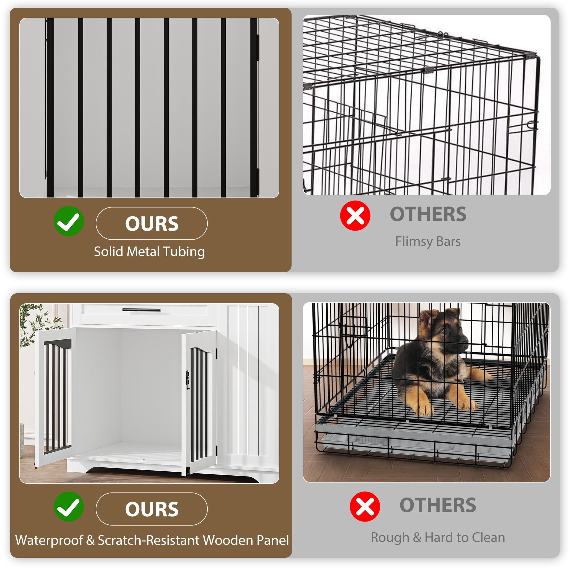 Garvee 43'' Dog Crate Furniture, Dog Kennel Indoor with 1 Big Storage Drawers and Hidden Feeding Bowl, Sturdy Wood Dog Crate with 2 Doors and Adjustable Shelf for Small, Medium Dogs White