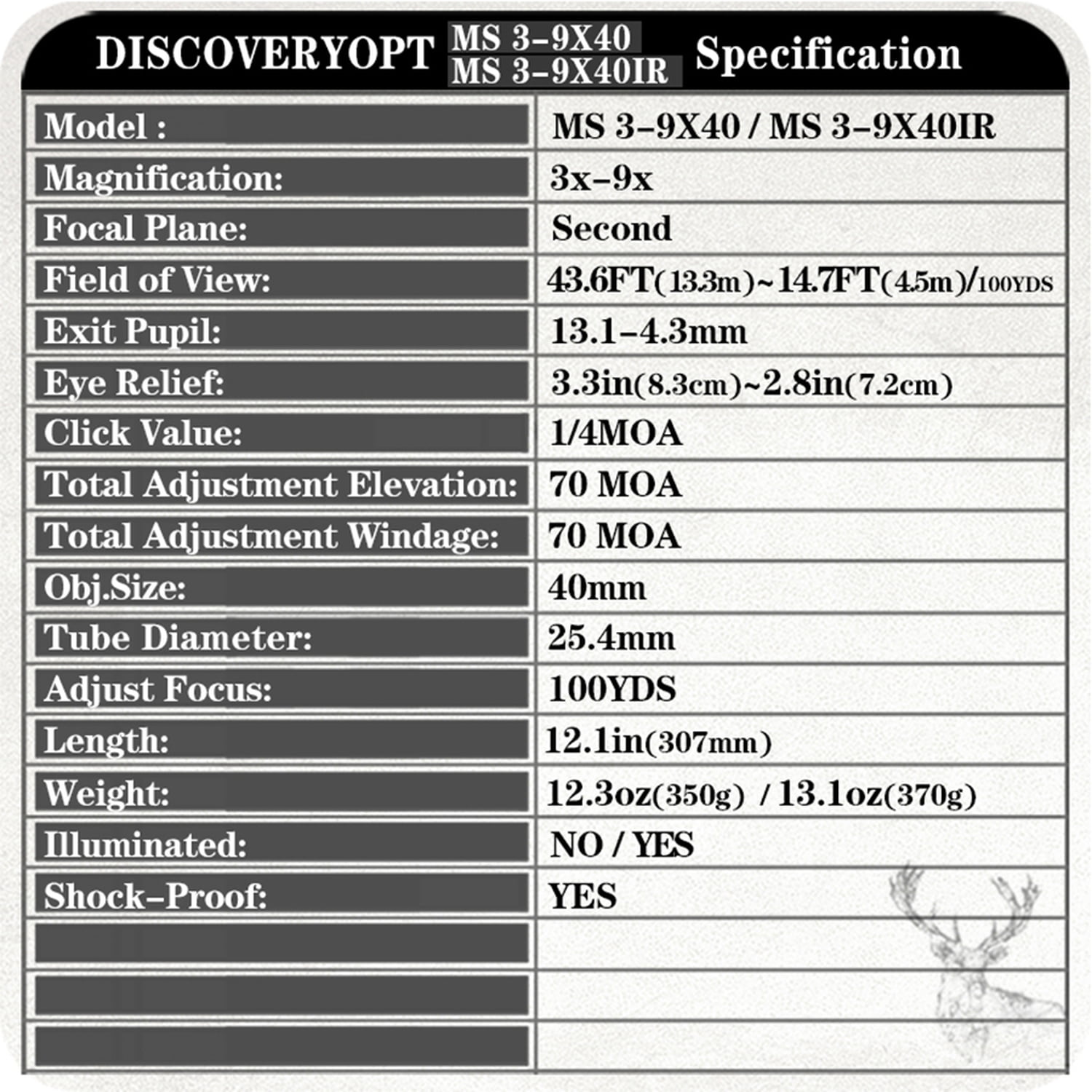 Discoveryopt MS 3-9X40 Optics Scope 25.4MM Tube Compact Riflescope For Hunting Second Focal Plane