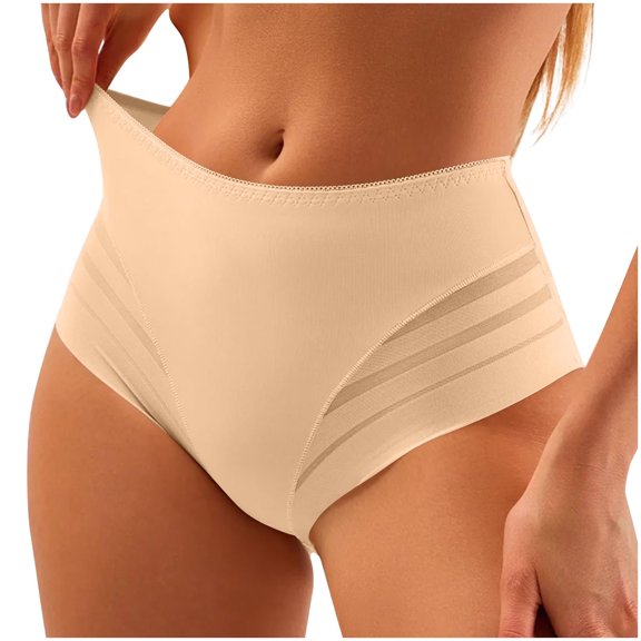 Jamicy Women's Underwear High Waisted Tummy Control Stripe Lace Underwear Solid Color Mesh Shapewear Panties for Women