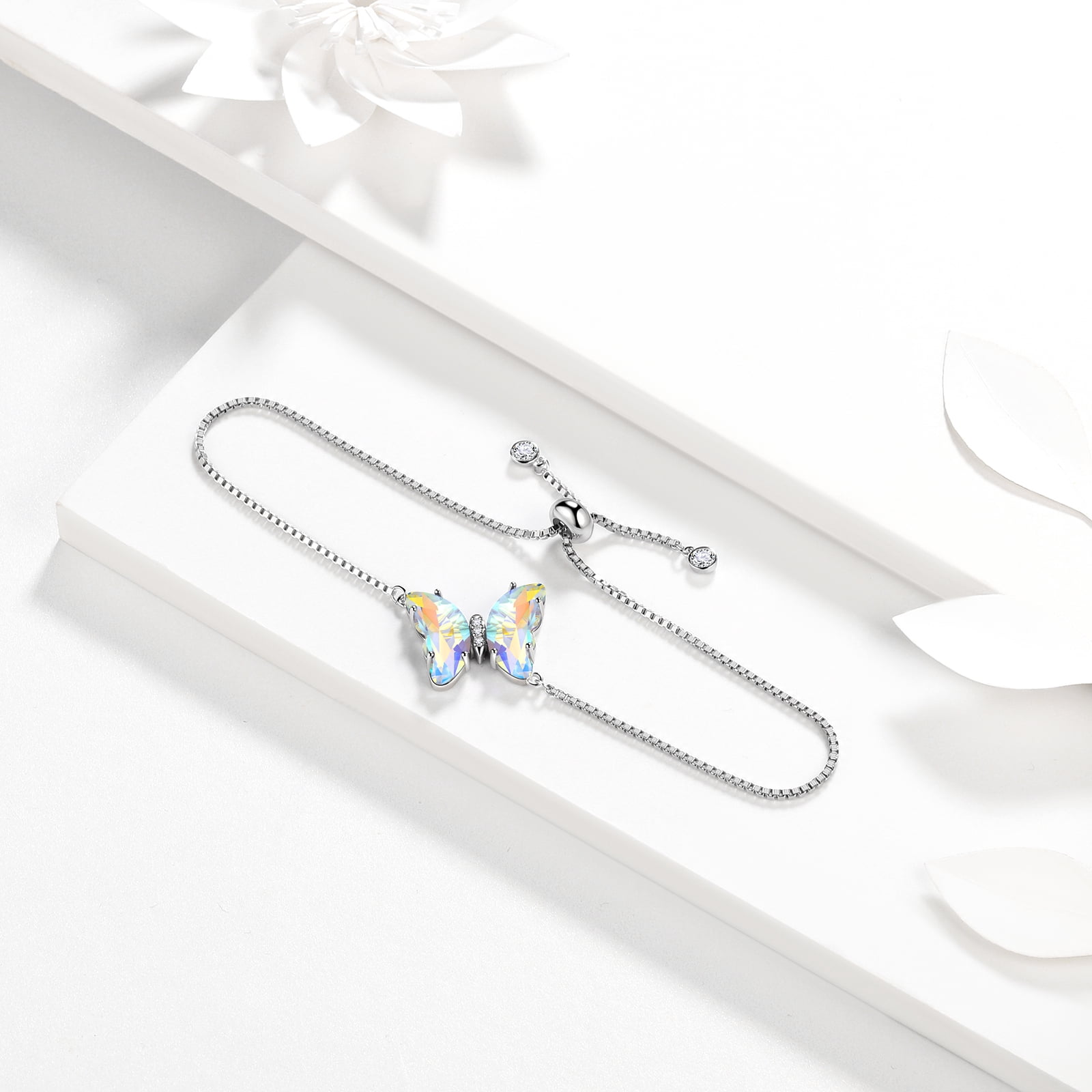 White Butterfly Bracelet 925 Sterling Silver April Birthstone Bracelet Jewelry Crystal Women Birthday Mother's Day Gifts Juwaliy