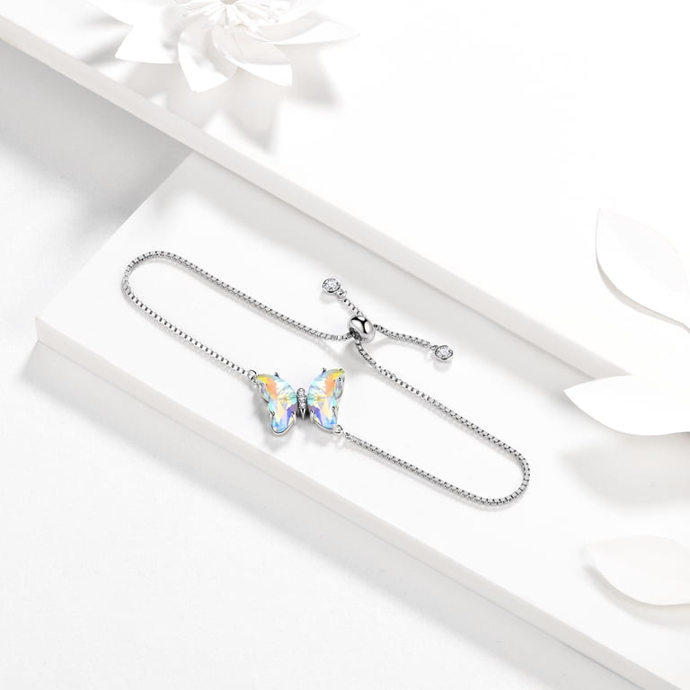 Juwaliy White Butterfly Bracelet, Sterling Silver, April Birthstone photo 3