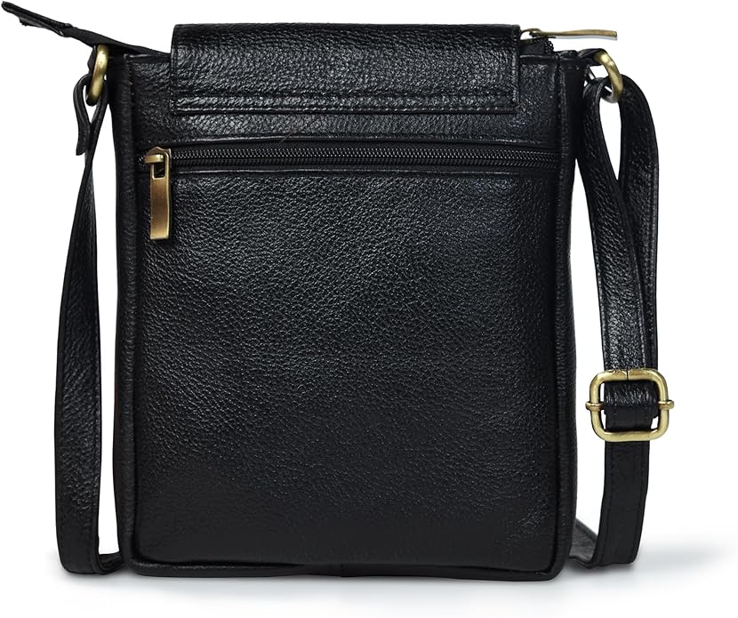ADYAN Black Genuine Leather Crossbody Messenger Bag for Men and Women Travel Shoulder Bag with Adjustable Straps Compact Stylish Everyday Pouch for Office Work and Casual Use 7x8.5x1.5 Inch