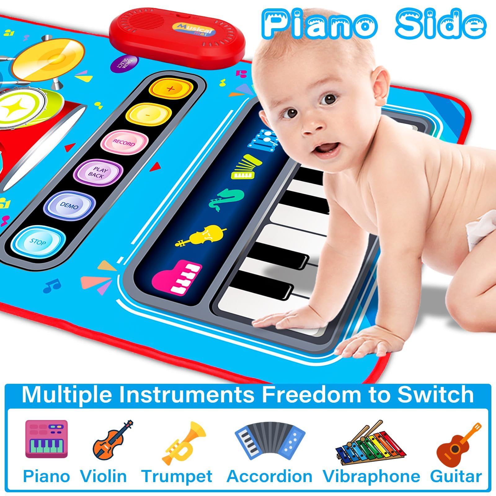 2 in 1 Musical Mat Toys Piano Keyboard & Drum Set with 2 Drum Sticks Baby Music Toy 12-18 Months Christmas Birthday Gifts