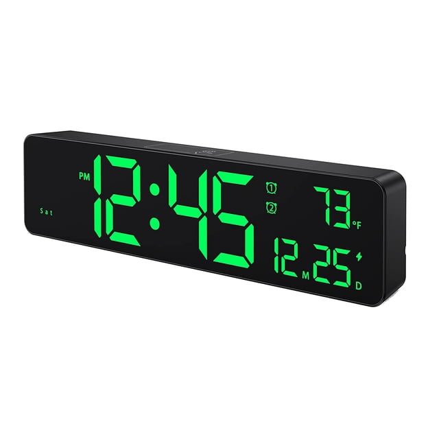 Reloj de Pared Digital, Pantalla LED de DíGitos Grandes, Reloj Despertador Doble, AtenuacióN AutomáTica, Formato de 12/24 Horas, Reloj de Pared Silencioso para HabitacióN Verde