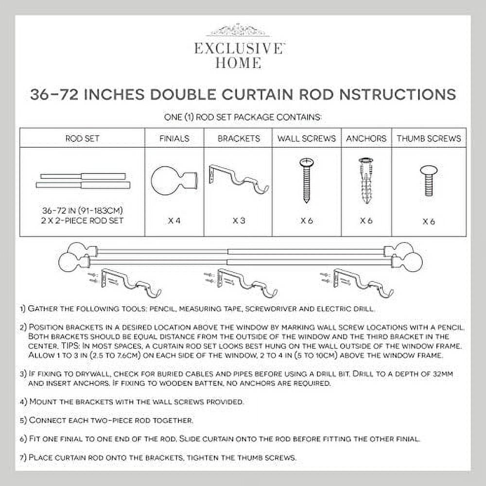Exclusive Home Topper Double Curtain Rod and Finial Set, Distressed White, 36"-72"