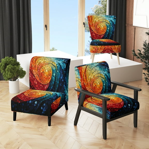 Designart "Contrasting Cadence Hardedge Art wall art II" Multi-Color Abstract Upholstered Accent Chair - Modern Arm Chair For Living Room