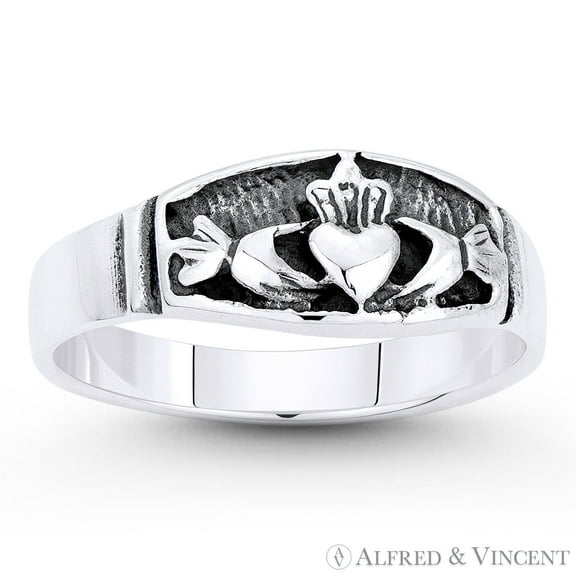 Irish Claddagh Love & Friendship Promise Ring in Oxidized .925 Sterling Silver