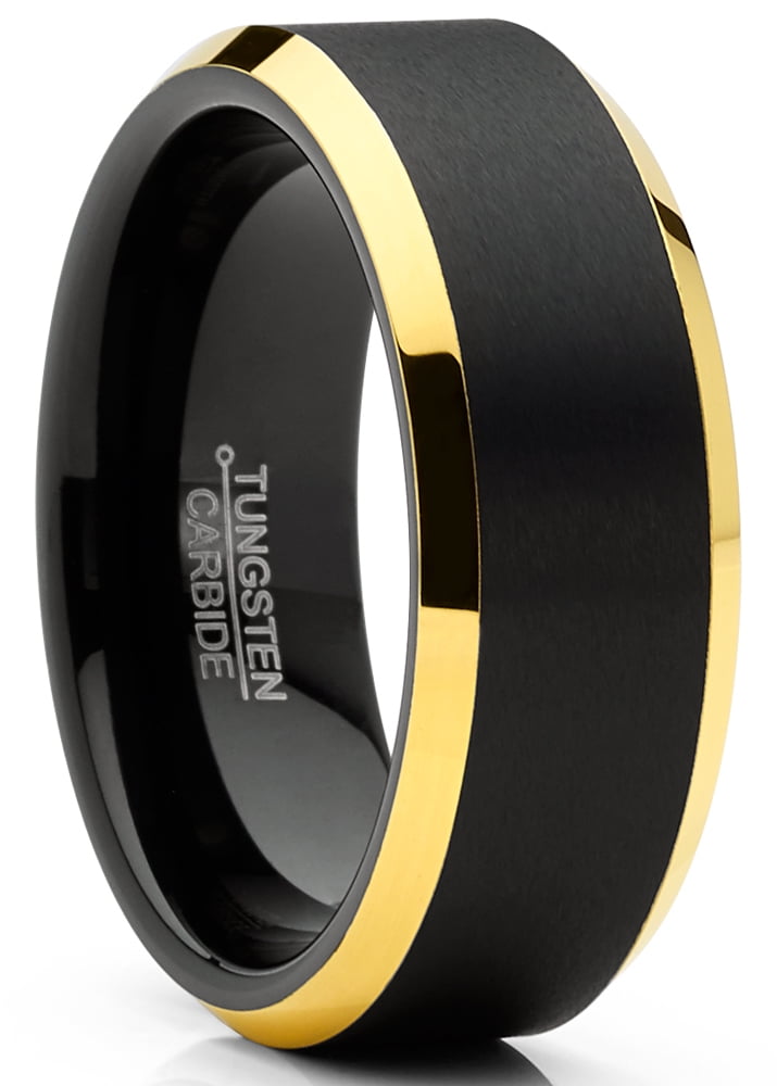7 to 15 Double Accent 8MM Comfort Fit Tungsten Carbide Wedding Band Beveled Edge Sand Blast Gold Tone Tungsten Ring