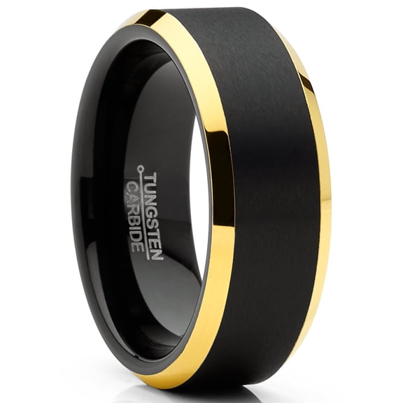 Metal Masters Mens Tungsten Ring Black Goldtone Wedding Band Beveled Edges Comfort-fit 8mm 12.5