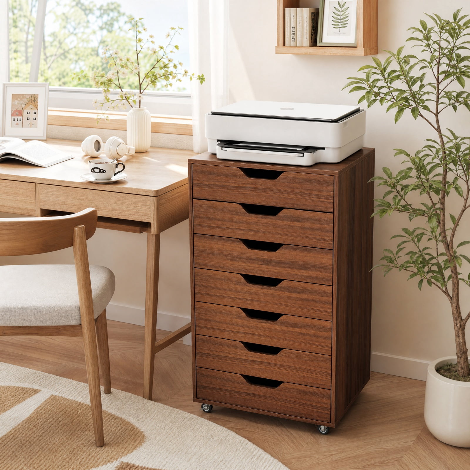 Furnibear 7-Drawer Chest Wooden Storage Dresser with Lockable Wheels for Home Office Filing Document Letter Legal Storage, Walnut