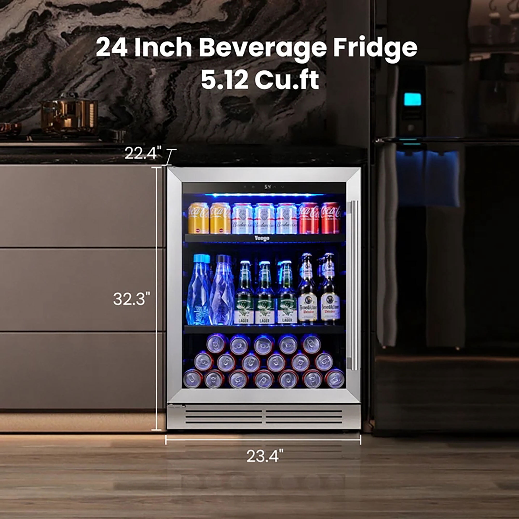 Yeego 24 Inch 180 Cans Beverage Refrigerator Cooler, Double Layer Glass Door, Built-in/Freestanding for Beer Soda Water, Left Hinge