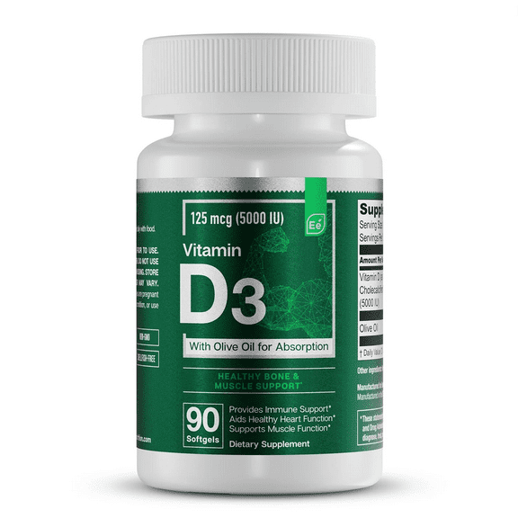 Essential Elements D3 Vitamins 5000 IU Softgels with Olive Oil for Bone, Muscle, & Immune Support