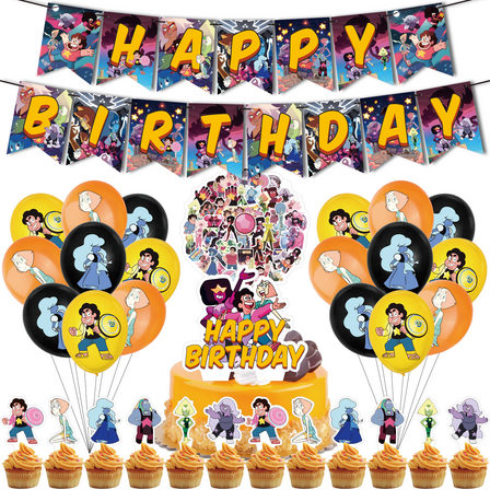 82PCS For Steven Universe Theme Birthday Party Decorations,Party Supply Set for Kids with 1 Happy Birthday Banner Garland,50 Stickers,18 Balloons,13 Cupcake Toppers