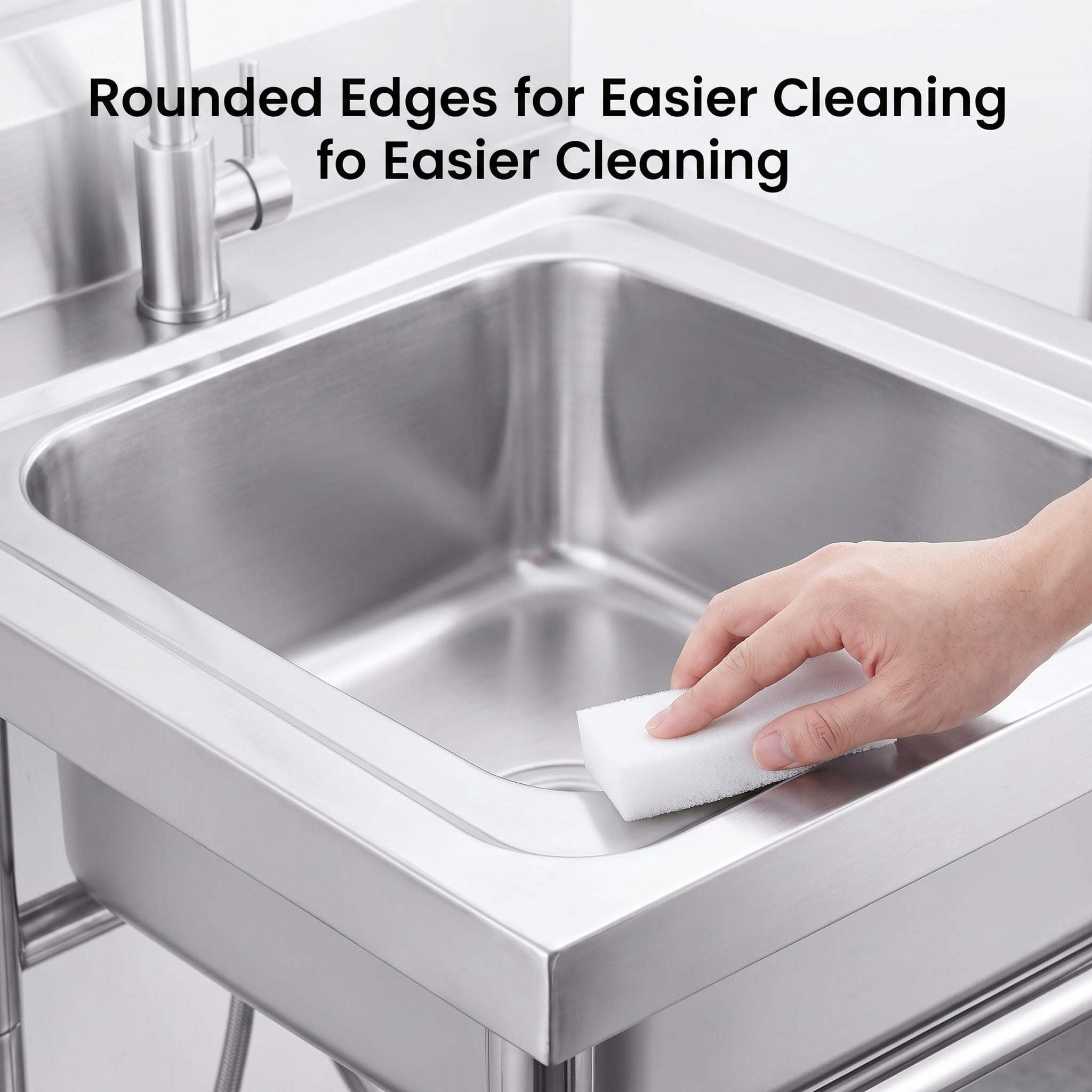 Freestanding Stainless Steel Single Bowl Laundry Sink, Brushed Finish Deep Basin with Backsplash, Hot Cold Water Faucet and Storage Shelf, Heavy Duty for Laundry Room and Garage Use