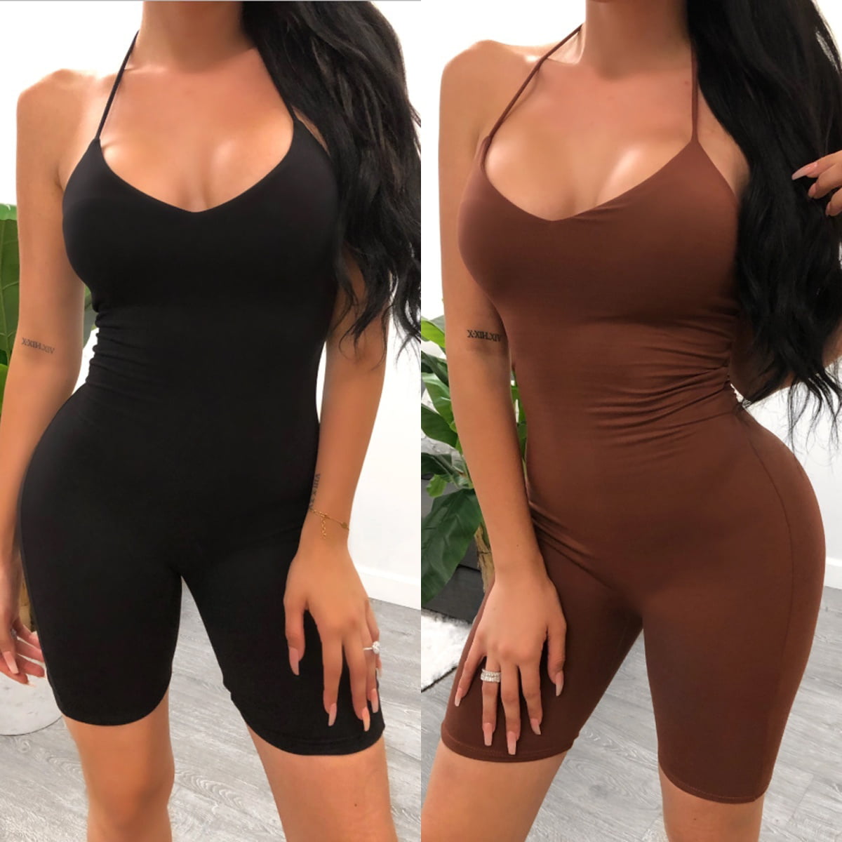 Womens Romper Halter Backless PU Hollow Out Bodycon Shorts Suit Jumpsuits